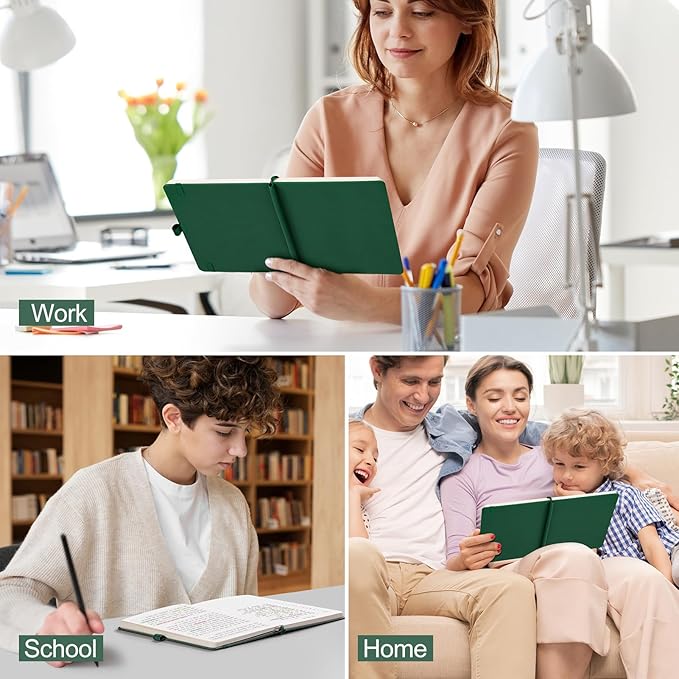 AHGXG Wide Ruled Notebook for School - Lined Journal for Women Men, 192 Numbered Pages, 100 GSM Thick Paper, A5 Hardcover Leather Notebook for Work, Writing, 5.7"×8.3" - Green