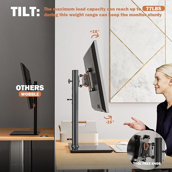 Single LCD Computer Monitor Free-Standing Desk Stand Mount Riser for 13 inch to 32 inch screen with Swivel, Height Adjustable, Rotation, Vesa Base Stand Holds One (1) Screen up to 77Lbs(HT05B-001))