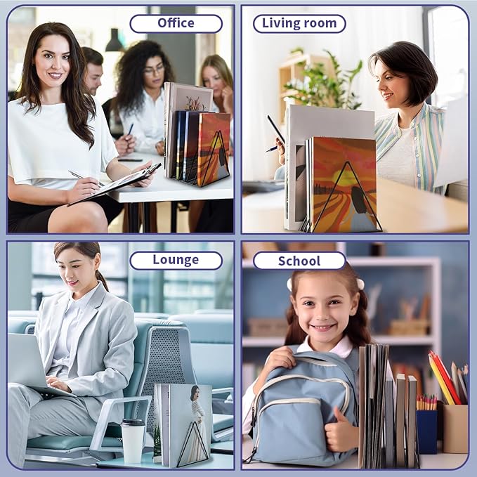 Goiio 4 Pcs Triangle File Holder, 5 Slot Metal Magazine Holder, for Office Home, Black