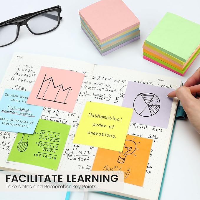 Sticky Notes, 12 Pads, 3x3 inches, Colorful Self-Stick Note Pads, Easy to Post in Office, Home, School - 12 Pastel Colors
