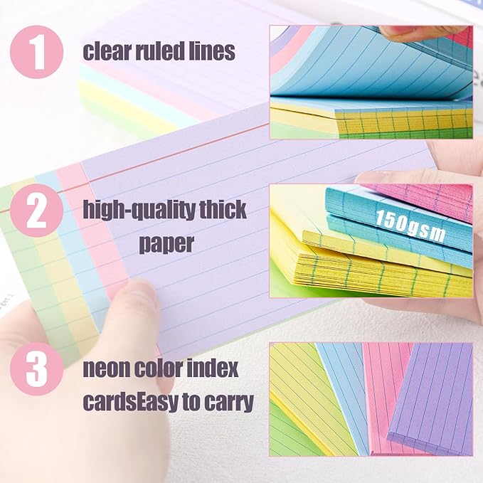 Koogel Index Cards 3 x 5 Inch, 750 Count, Ruled on both Sides, 10 Assorted Colors, Note Cards for Studying School Supplies, Office Organization