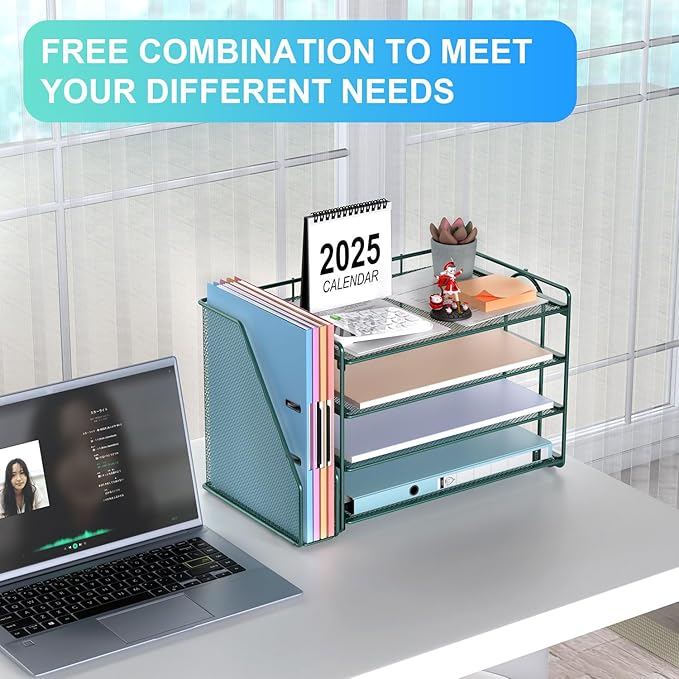 gianotter 2025 New Large Capacity Desk Organizer with Detachable Magazine Holder, 4-Tier Paper Organizer Letter Tray, Desk Accessories for A4 Paper and Document Storage(Green)