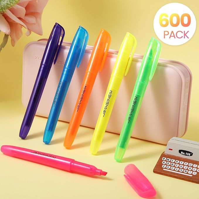 Thenshop 600 Pcs Highlighter Bulk Pack Assorted Colors Highlighter Markers Chisel Tip Fluorescent Pens for Office Classroom Back to School Supplies