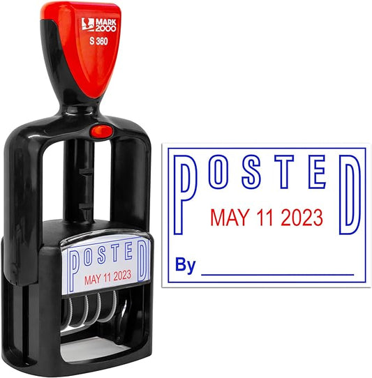 Self-Inking Rubber Date Office Stamp with Posted Phrase - Blue Ink & Date Red Ink - 12-Year Band