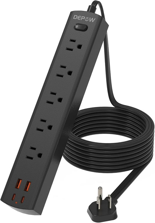 Surge Protector Power Strip(1875W/15A), 10 Ft Flat Extension Cord with 5 AC Outlets 4 USB Ports(2 USB C), 1700 Joules, Flat Plug, Wall Mount for Home Office, Dorm Essentials, Black