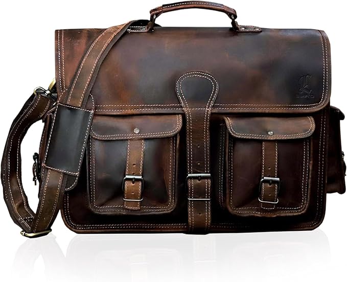 cuero Leather Messenger Bag for Men, 14 Inch Laptop Bag, Crossbody Bag Men, Vintage Handmade Leather Satchel Bag Men, Full Grain Business Briefcase Shoulder Bag for Office/Work/Travel - Brown