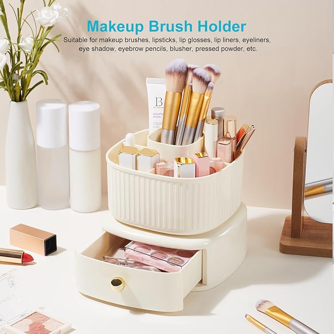 360 Degree Rotatable Pen Holder with Drawer, 5 Slots Office Desk Organizer Pen Holder for Desk Multi-Functional Pencil Box Desktop Stationary Organizer for Office School Home Beige