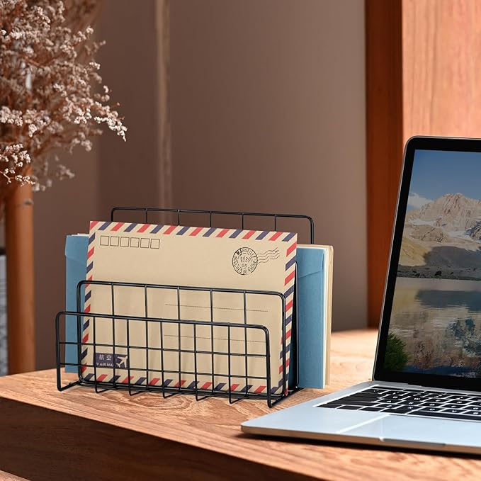 2 Pieces Desk Mail Organizer, Metal Mesh Small File Holders Letter Organizer, Bill/Document/Filing/Folders/Paper Organizer for Desktop (Metal-Black)