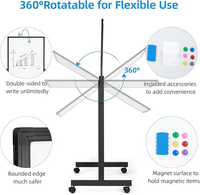 Rolling Mobile Whiteboard, 40 x 28 inches Double Sided Height Adjust Whiteboard Easel on Wheels, Reversible Magnetic Dry Erase Board with Stand for Office, Home, Classroom, Black