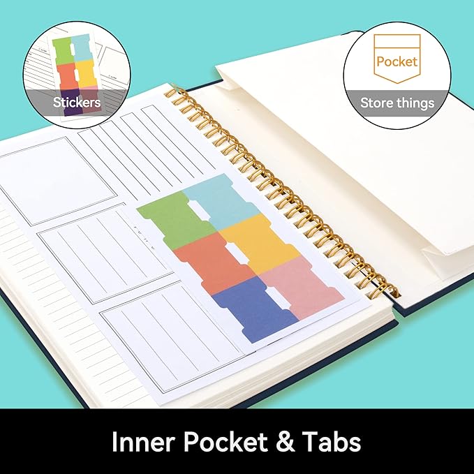 Alltree Lined Journal Notebook, Spiral Notebook for Work, Journal for Women & Men, A5 Medium, Spiral Notebook with Tabs, Pen Loop, Pocket, Stickers, 160 Pages, Navy Blue(6"x8.5")