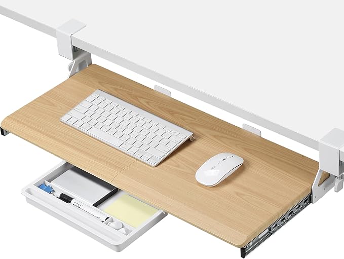 ETHU Keyboard Tray Under Desk, 26.8" x 12.2" Pull Out Steel Smooth Glide Sliding Keyboard Drawer, C Clamp Computer Keyboard Stand Ergonomic Desk Extender Tray for Home Office(Oak)