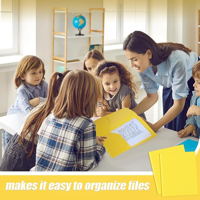Gueevin 24 Pcs Plastic Folders with Pockets, Two Pocket Folder Fit Letter Size, Heavy Duty School Business Card Holder for Home Office School Bussiness, 11.61 x 9.45 Inches (Yellow)