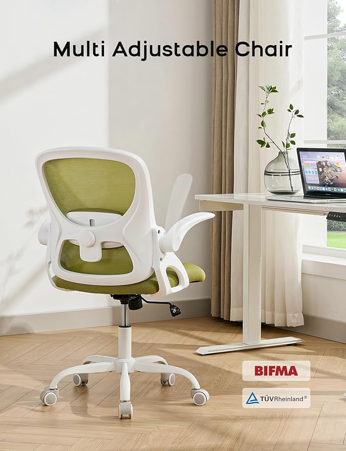 Mesh Office Chair Ergonomic Desk Chair with Up&Down Front&Rear 2 Dimensions Adjustable Lumbar Support and Flip-up Arm Rocking Comfy Swivel Computer Task Chair for Home Office(White-Green)