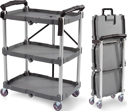 ELEVON Portable Folding Collapsible Service Cart Foldable Service Cart 3 Tier Collapsible Push Cart Folding Utility Carts with Wheels for Office Warehouse Home, Black
