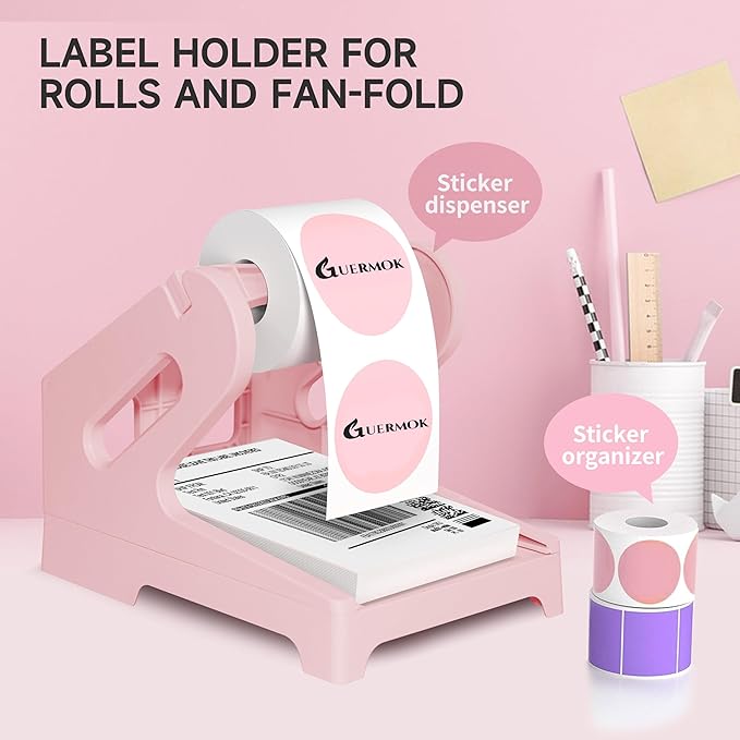 Guermok Thermal Shipping Label Holder for Rolls & Fan-Fold, Fragile Stickers for Shipping, Label Stand Desktop Printer Holder-Home Office Accessory Sticker Dispenser for Holographic (Pink)