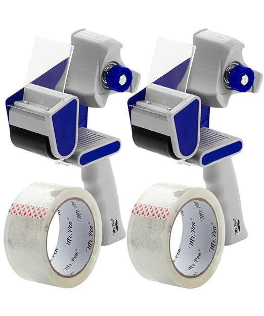 Mr. Pen - 2-Inch Tape Dispenser Gun, 2 Pack with 2 Rolls, Blue Heavy Duty Tape Gun for Packing Boxes, Moving