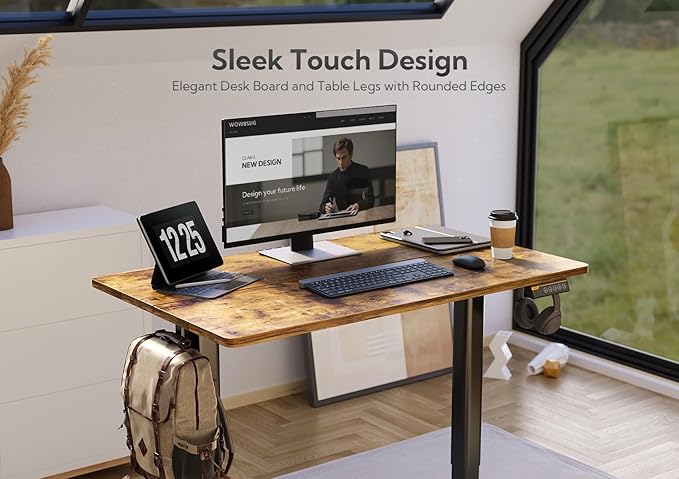 Electric Standing Desk, Adjustable Height Stand up Desk, 24x48 Inches Sit Stand Home Office Desk with Splice Board, Black Frame/Rustic Brown Top