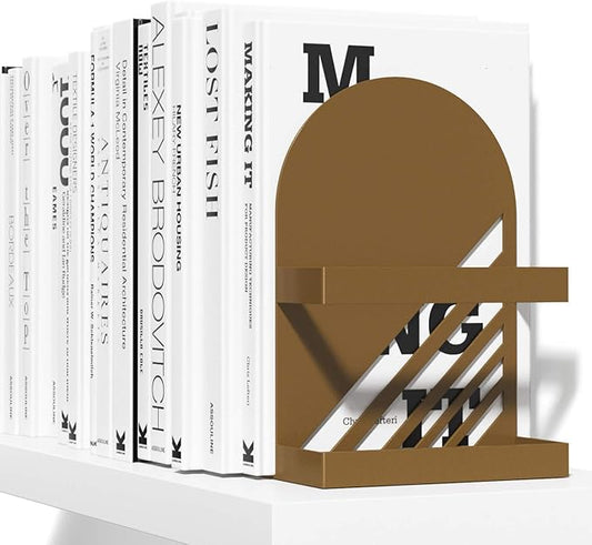 Iron Arch Modern and Decorative Bookends for Heavy Books, 200% Stronger & Heavier Than The Average Bookends, Large Bookends with Matching Bonus Storage Cup (Sahara Gold)