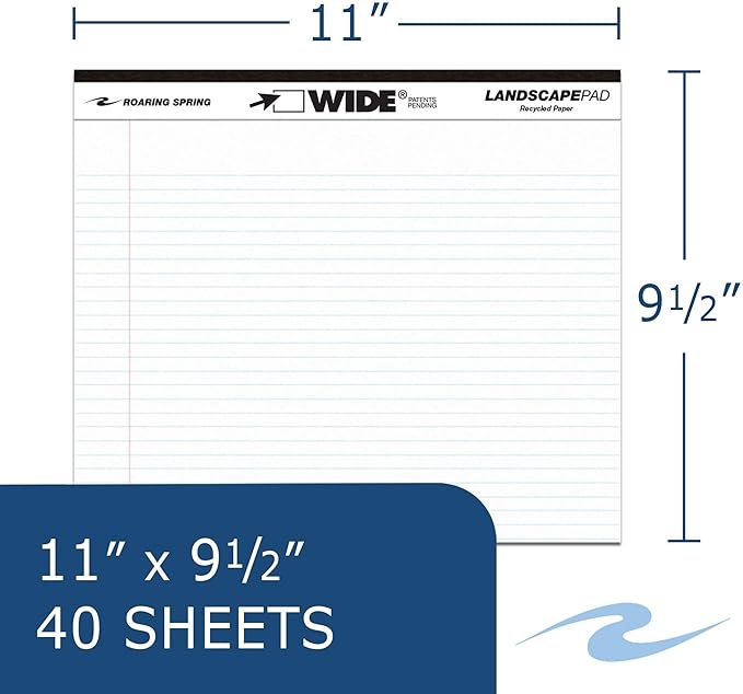 Roaring Spring Wide® Landscape Legal Pad, 40 Sheets, 11" x 9.5", White Paper, College Ruled, Pack of 2