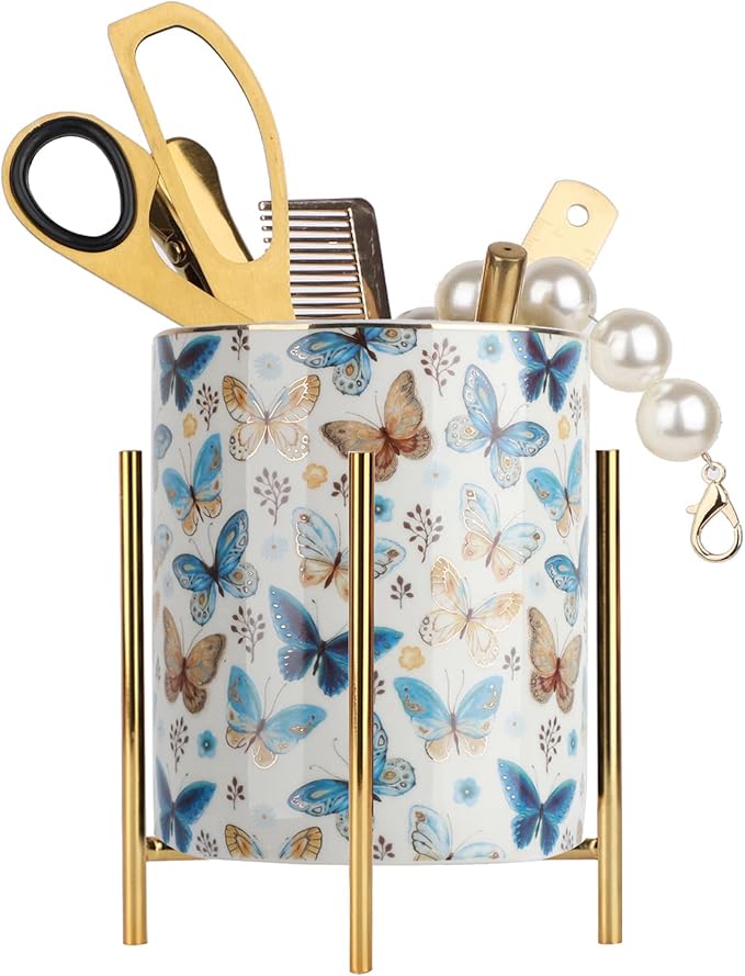 Pencil Cup Sturdy Metal frame with white Ceramic Pen Holder For Desks and kitchen Appliance Holders