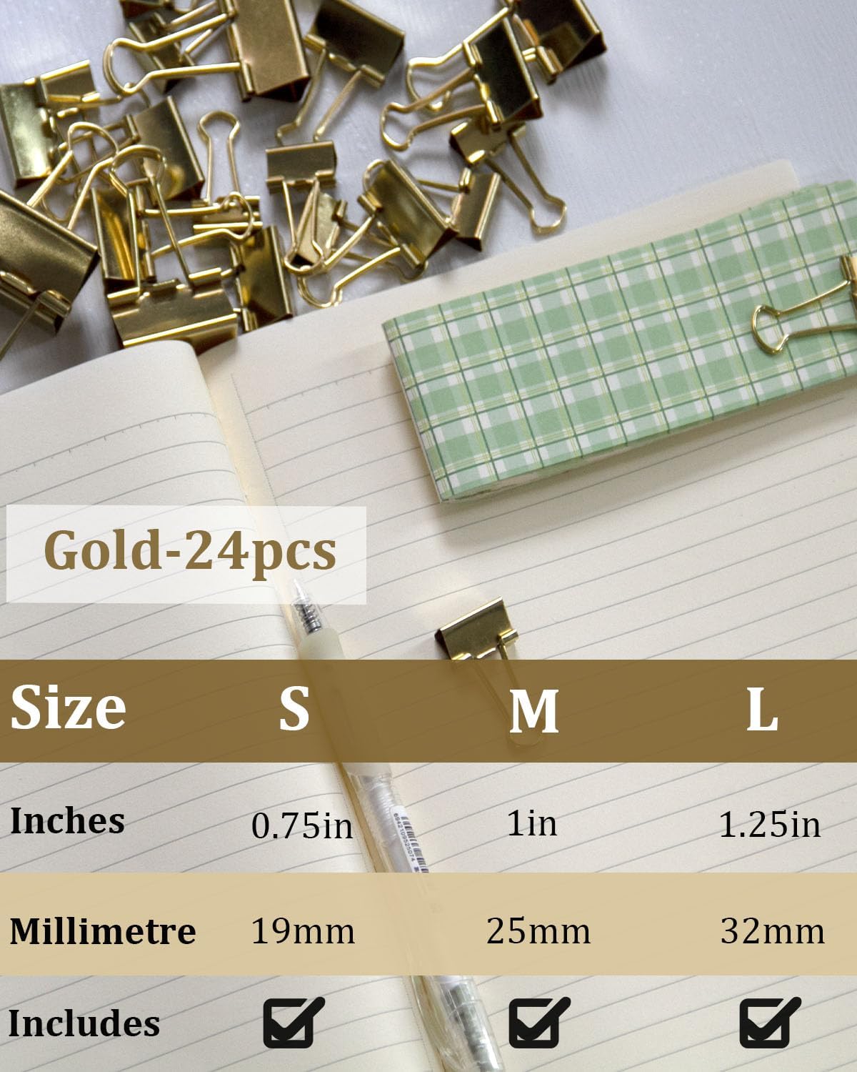 Assorted Binder Clips 0.75/1/1.25in 25-Pack -Gold Tone Clips for Office & Home