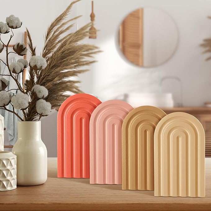 Harloon 4 Pieces Boho Arch Wood Bookends Rainbow Arch Back to School Gift Ideas Non Skid Bookend Decorative Wooden Book Stand Book Stoppers for Books Movies CDs(Cute Color)