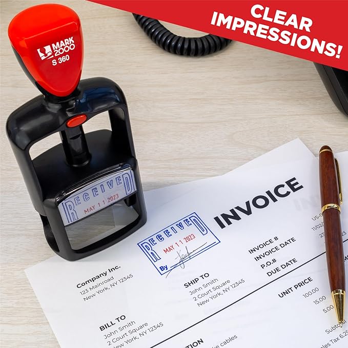 Self-Inking Rubber Date Office Stamp with Faxed Phrase - Red Ink - 12-Year Band