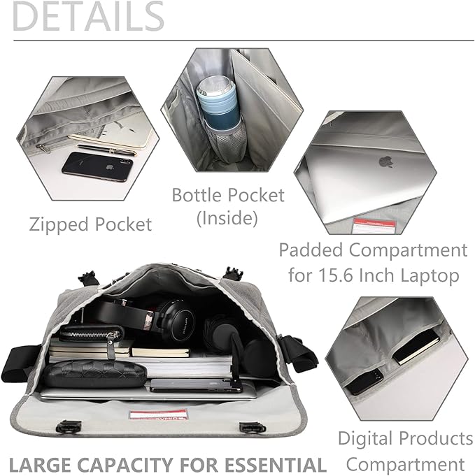 OIWAS 15.6 Inch Messenger Bag for Men/Women Crossbody Travel Satchel Bags Laptop Shoulder Bag Large Briefcase Computer Work College Grey