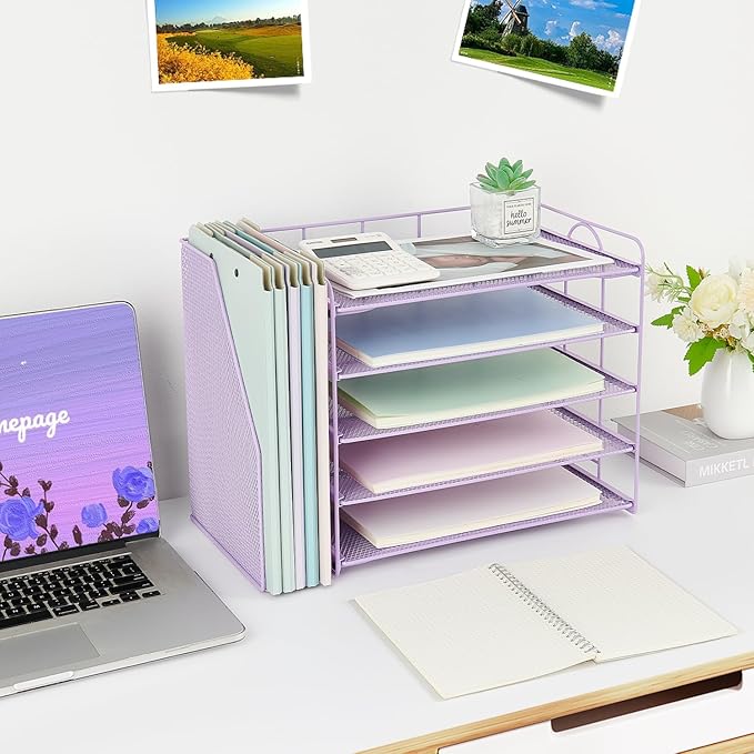 OPNCIE Desk Organizers and Accessories, 5 Tier Paper Letter Tray File Organizer, Office Organization Storage Desk Accessories Workspace Desktop Organizer for Classroom Office Supplies Decor(Purple)