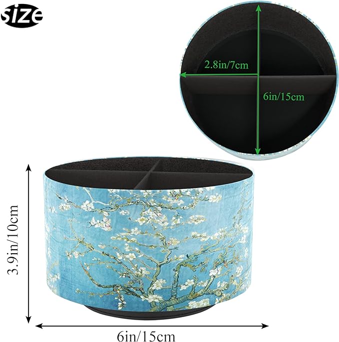 Hennaja Round Leather Art Supply Organizer,Remote Control Holder,360 Degree Rotating,Multi-Functional Pencil Holder,4 Compartments Desktop Stationary Organizer(1-Peach Blossom)