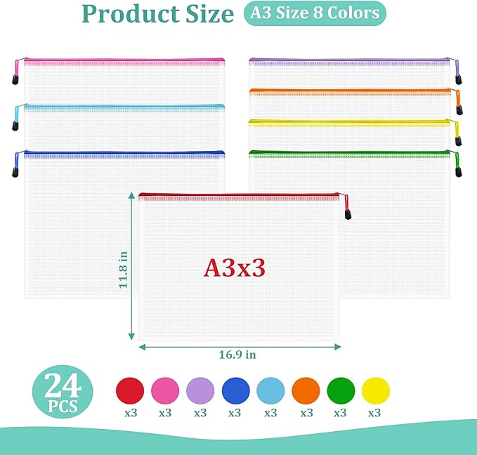24pcs Board Games Storage Bags, A3 17x12 Inches Zipper Pouch, Puzzle Bags, Large Reusable Ziploc Bags, 8 Colors Zipper Bags for Organizing, Plastic Mesh Bags, Zipper Bags for Toys, Office