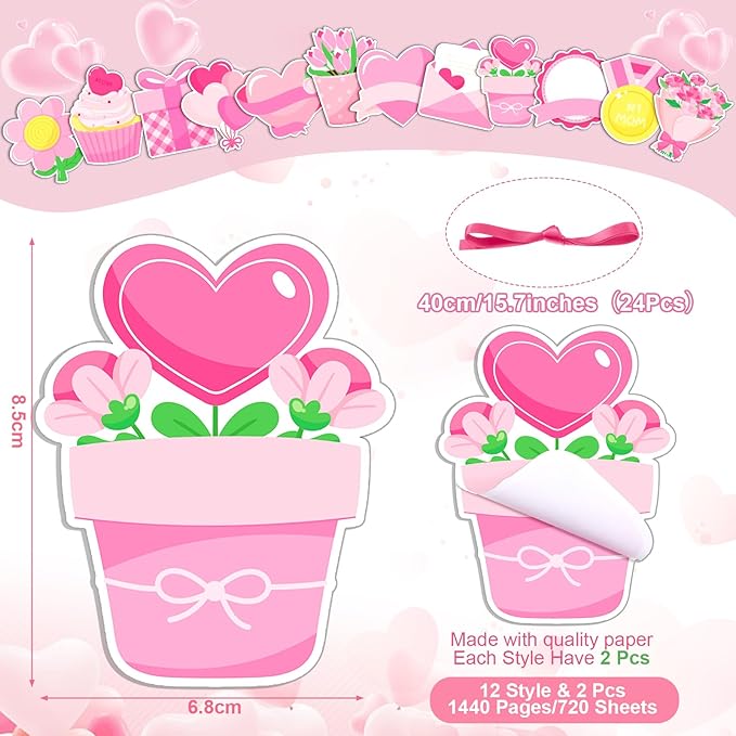 24 Set Mother's Day Sticky Notes and Pens Set Mother's Day Gift Pink Flower Heart Gift Box Bouquet Shaped Self Sticky Notepads Ballpoint Pens for Mothers Day Gift Office Daily Supplies