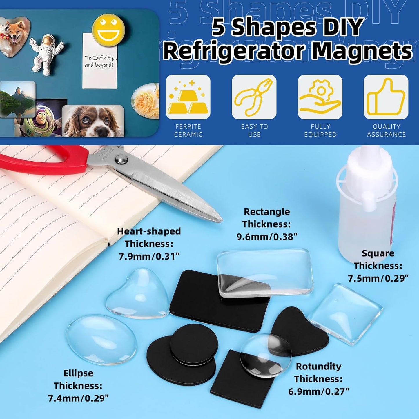 Glarks 72pcs Fridge Magnets Craft Set Round/Oval/Square/Heart/Rectangle Shape Ferrite Ceramic Magnets with Adhesive Backing and Transparent Glass Cabochons for Fridge Office Locker Whiteboard Making