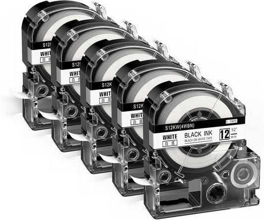 Anycolor Compatible with Epson Label Maker Tape 12mm LK-4WBN LC-4WBN 4WBN9 SS12KW 1/2" Black on White 0.47" Label Tape Work for Epson LabelWorks LW300 LW400 LW500 LW700 LW-K200PX Label Maker, 5-Pack