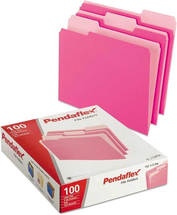 Pendaflex Two-Tone Color File Folders, Letter Size, 1/3 Cut, Pink, 100 Per box (152 1/3 PIN), 12 x 9.88 x 2.38 inches