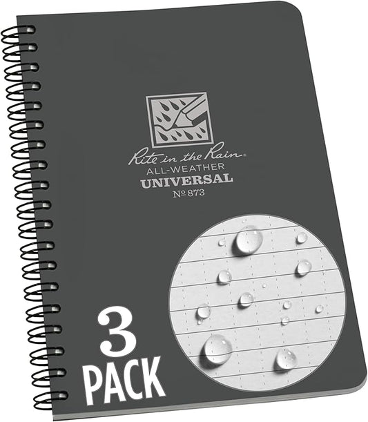 Rite in the Rain Weatherproof Side Spiral Notebook, 4.625" x 7", Gray Cover, Universal Pattern, 3 Pack (No. 873L3)
