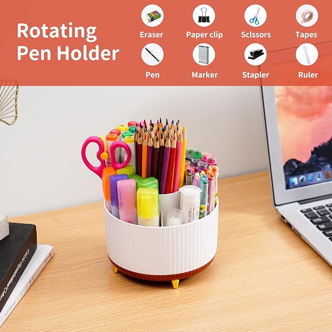 Marbrasse 360-Degree Rotating Pen Holder, Desk Organizer with 5 Compartments, Art Supply Storage Box Caddy for Office, Home (White+Red)