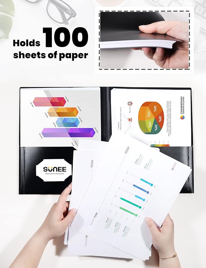 SUNEE 2 Pocket Folders (24 Pack, Black) Heavy-Duty Plastic Folders with Pockets, Fit 8.5x11 Letter Size Paper, 2-Pocket File Folders for Kids, Home, School, Office