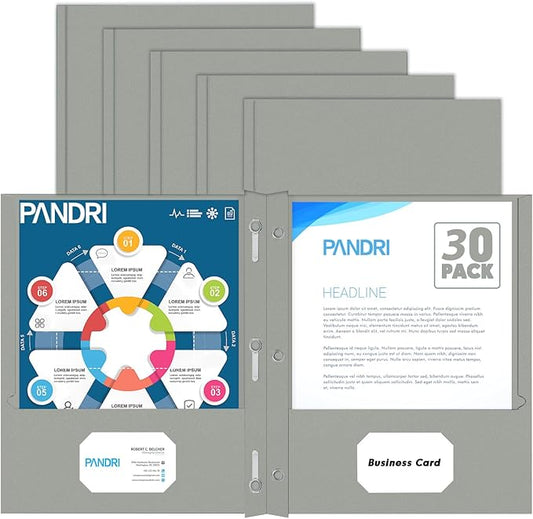 Two Pocket Folders, PANDRI 30 Pack Two Pocket Folders with Prongs, 3 Prong Folders Designed for Office and Classroom, Letter Size Grey