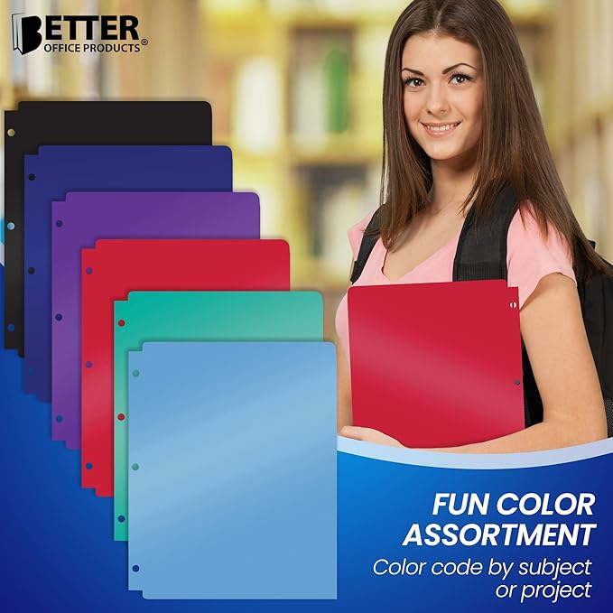 Better Office Products 3 Hole Punch Pocket Folders, Bulk Pack, Sturdy Plastic 2 Pocket Folders, Assorted Primary Colors, Letter Size, with Business Card Slot, (6 Pack)