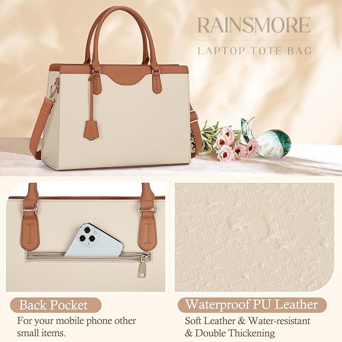 RAINSMORE Laptop Bag for Women 15.6 Inch Waterproof Leather Computer Tote Bag Professional Business Office Work Bags Briefcase Large Capacity Lightweight Women Handbag Shoulder Bag, Beige and Brown