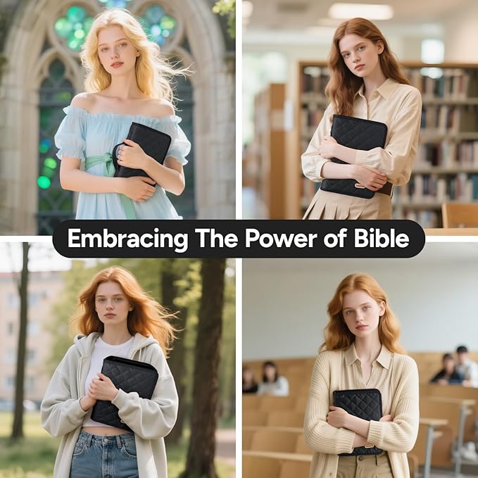 Adjustable Bible Cover with 75 Bible Tabs - Bible Cover Case for Women，Waterproof, Washable Quilted Bible Case，Reusable Christian Gifts for Women (Black, L)