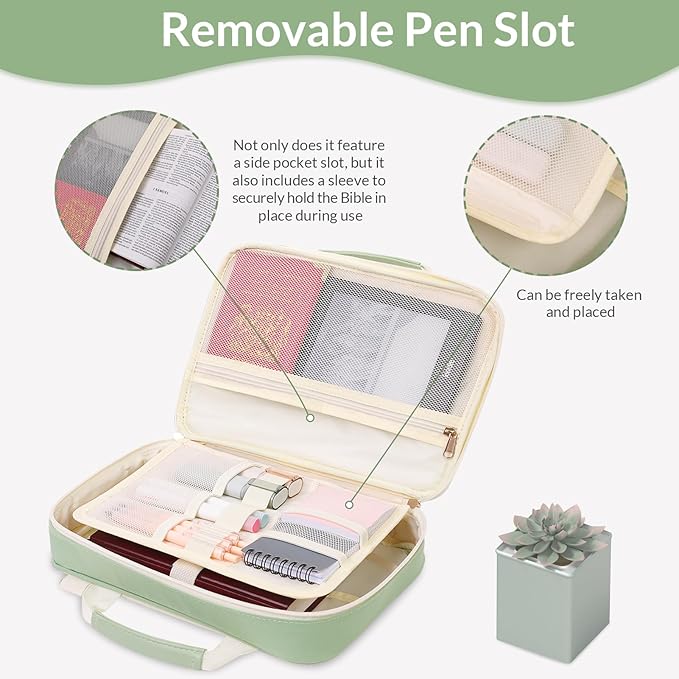 Bible Cover Case for Women, Carrying Bible Case with Zippered Pocket and Handle for Bible Accessories Supplies, Green Bible Bag with Shoulder Strap/Detachable Pen Slot for Ladies and Girls