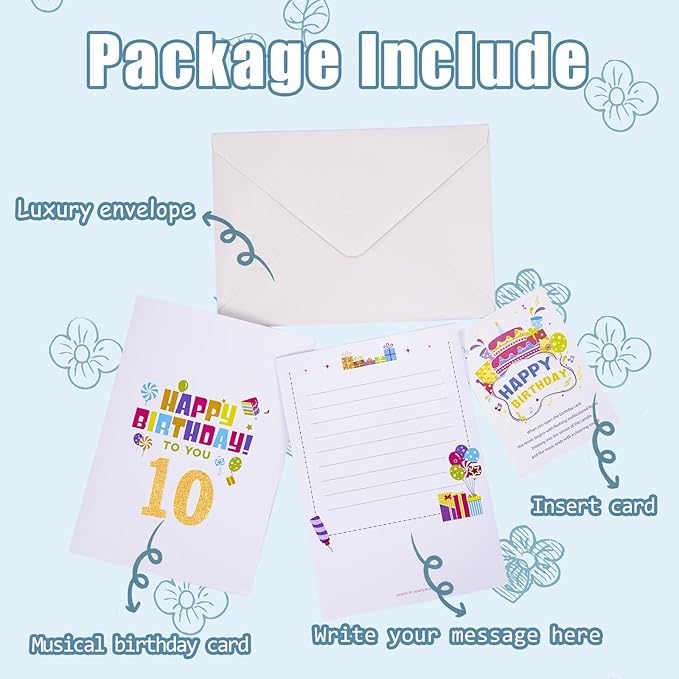 Gumry 10TH Musical Birthday PopUp Card, Blowable Colorful Light Candle 3D Cards with Song, Applause Cheers Sound, Greeting Cards Birthday Gifts Decorations for Women Men Turning 10 Years Old