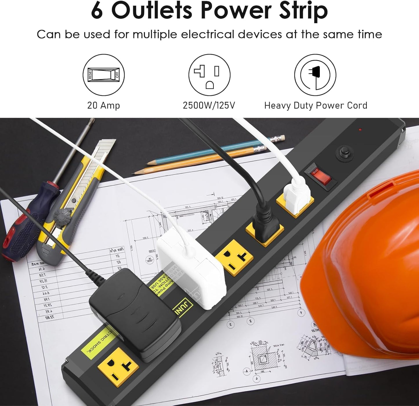 JUNNUJ Heavy Duty Metal Power Strip 20 Amp, High Amp Surge Protector 6 Outlet, 20A Power Strips Workshop Industrial Outlets Wide Spaced 6-20R T-Slot with Circuit Breaker, 12 Gauge Extension Cord 15ft
