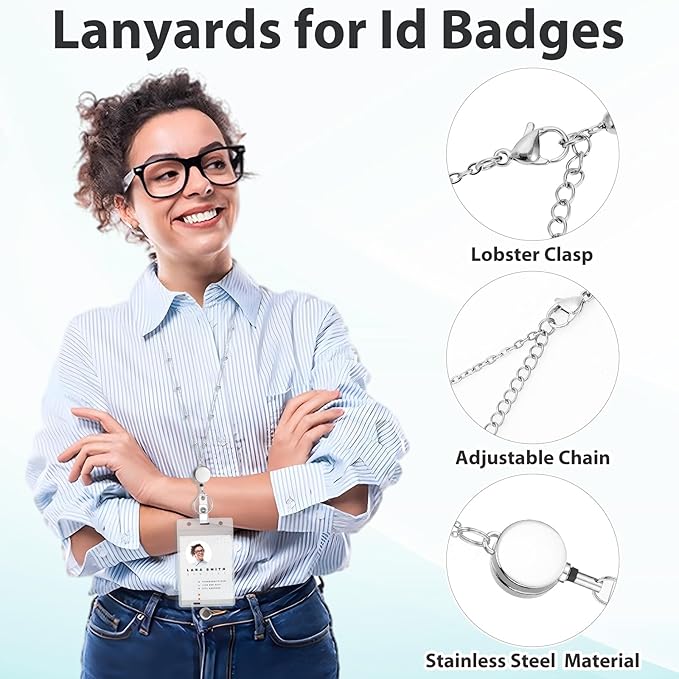 Prudiut Lanyards for Id Badges Stainless Steel Badge Lanyards with 2 Pcs Waterproof Id Badge Holder Retractable Id Badge Lanyards Teacher Lanyard for Cruise Ship Key Cards Id Badges