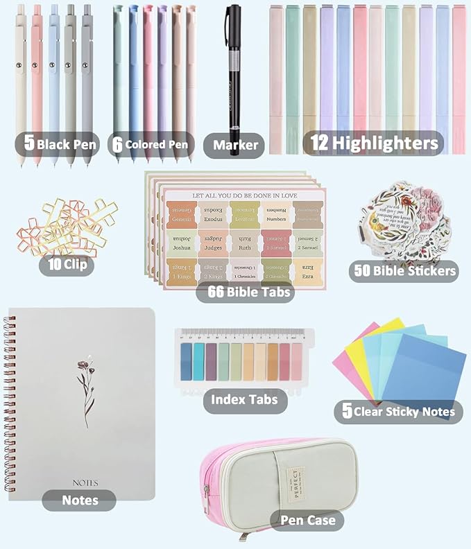 Bible Study Supplies Journaling Kit with Tabs and Highlighter, Notebook and Pen Case, Bible Annotation kit, Bible Study Group Essentials Accessories Set for Women Students Beginner Christian Gifts
