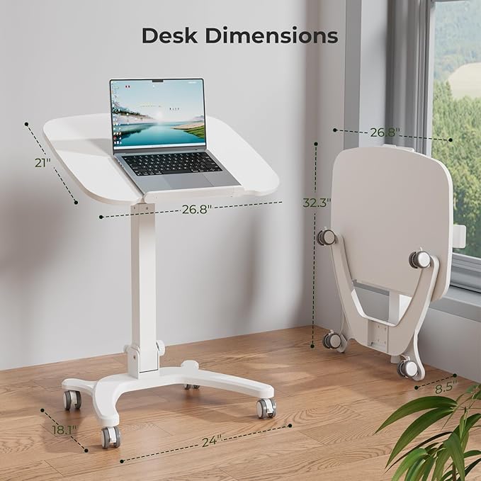 Foldable Mobile Standing Desk, 27"×21" Portable Rolling Laptop Desk with 90° Tiltable Board, Height Adjustable Mobile Desk Workstation with Wheels, Folding Desk for Home Office, White