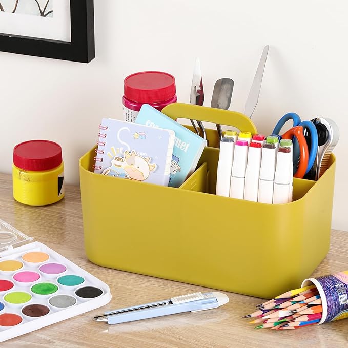 Multiuse Caddy Organizer w/ Handle - Stackable Plastic Tote Bin - Art Craft Supplies, Office, Desk, Stationery Pen Holder, Kitchen, Utensil, Makeup, Bathroom, Shower, Cleaning, Dorm Organizer - Yellow