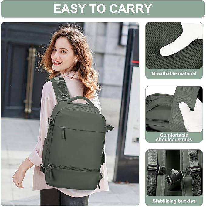 Travel Backpack Simple Durable Carry On Backpack with Shoe Compartment, Personal Item Travel Bag Flight Approved, Water Resistant Laptop Backpack for Women Men Weekender Business, Sage Green